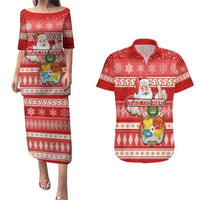 Tonga Christmas Couples Matching Puletasi Dress and Hawaiian Shirt The Santa Coat of Arms with Ngatu and Snow Pattern LT03 Red - Polynesian Pride