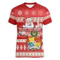 tonga-christmas-women-v-neck-t-shirt-the-santa-coat-of-arms-with-ngatu-and-snow-pattern
