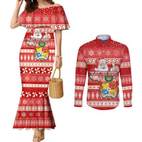 Custom Tonga Christmas Couples Matching Mermaid Dress and Long Sleeve Button Shirts The Santa Coat of Arms with Ngatu and Snow Pattern LT03 Red - Polynesian Pride