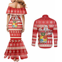 Custom Tonga Christmas Couples Matching Mermaid Dress and Long Sleeve Button Shirts The Santa Coat of Arms with Ngatu and Snow Pattern LT03 - Polynesian Pride