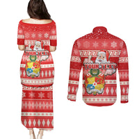 Custom Tonga Christmas Couples Matching Puletasi Dress and Long Sleeve Button Shirts The Santa Coat of Arms with Ngatu and Snow Pattern LT03 - Polynesian Pride