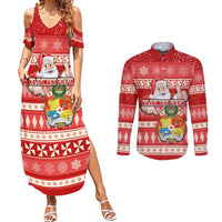 Custom Tonga Christmas Couples Matching Summer Maxi Dress and Long Sleeve Button Shirts The Santa Coat of Arms with Ngatu and Snow Pattern LT03 Red - Polynesian Pride