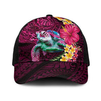 Hawaiian Plumeria and Hibiscus with Turtles Baseball Net Cap Polynesian Art Red Color - Polynesian Pride