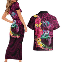 Hawaiian Plumeria and Hibiscus with Turtles Couples Matching Short Sleeve Bodycon Dress and Hawaiian Shirt Polynesian Art Red Color - Polynesian Pride
