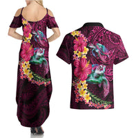Hawaiian Plumeria and Hibiscus with Turtles Couples Matching Summer Maxi Dress and Hawaiian Shirt Polynesian Art Red Color - Polynesian Pride