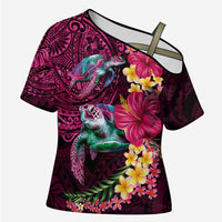 Hawaiian Plumeria and Hibiscus with Turtles Cross Shoulder Shirt Polynesian Art Red Color - Polynesian Pride