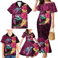 Hawaiian Plumeria and Hibiscus with Turtles Family Matching Mermaid Dress and Hawaiian Shirt Polynesian Art Red Color - Polynesian Pride