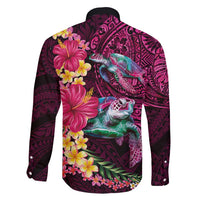 Hawaiian Plumeria and Hibiscus with Turtles Family Matching Off Shoulder Short Dress and Hawaiian Shirt Polynesian Art Red Color - Polynesian Pride