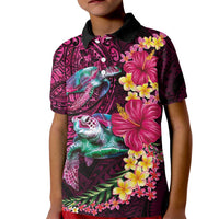 Hawaiian Plumeria and Hibiscus with Turtles Kid Polo Shirt Polynesian Art Red Color - Polynesian Pride