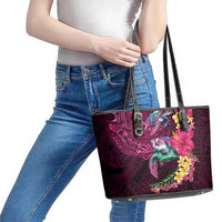 Hawaiian Plumeria and Hibiscus with Turtles Leather Tote Bag Polynesian Art Red Color - Polynesian Pride