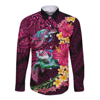 Hawaiian Plumeria and Hibiscus with Turtles Long Sleeve Button Shirt Polynesian Art Red Color - Polynesian Pride