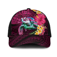 Hawaiian Plumeria and Hibiscus with Turtles Mesh Trucker Cap Polynesian Art Red Color - Polynesian Pride