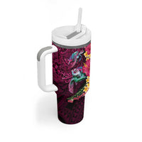 Hawaiian Plumeria and Hibiscus with Turtles Tumbler With Handle Polynesian Art Red Color - Polynesian Pride