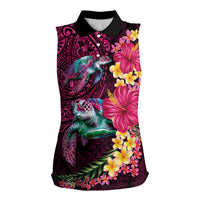 Hawaiian Plumeria and Hibiscus with Turtles Women Sleeveless Polo Shirt Polynesian Art Red Color - Polynesian Pride