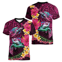 Hawaiian Plumeria and Hibiscus with Turtles Women V-Neck T-Shirt Polynesian Art Red Color LT03 - Polynesian Pride