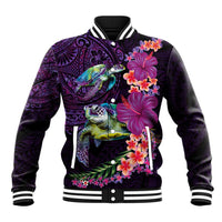 Hawaiian Plumeria and Hibiscus with Turtles Baseball Jacket Polynesian Art Purple Color - Polynesian Pride