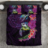 Hawaiian Plumeria and Hibiscus with Turtles Bedding Set Polynesian Art Purple Color - Polynesian Pride