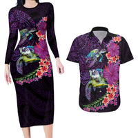 Hawaiian Plumeria and Hibiscus with Turtles Couples Matching Long Sleeve Bodycon Dress and Hawaiian Shirt Polynesian Art Purple Color - Polynesian Pride