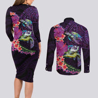 Hawaiian Plumeria and Hibiscus with Turtles Couples Matching Long Sleeve Bodycon Dress and Long Sleeve Button Shirt Polynesian Art Purple Color - Polynesian Pride