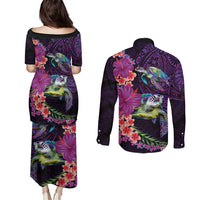 Hawaiian Plumeria and Hibiscus with Turtles Couples Matching Puletasi and Long Sleeve Button Shirt Polynesian Art Purple Color - Polynesian Pride