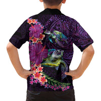 Hawaiian Plumeria and Hibiscus with Turtles Family Matching Long Sleeve Bodycon Dress and Hawaiian Shirt Polynesian Art Purple Color - Polynesian Pride