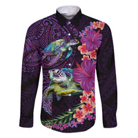 Hawaiian Plumeria and Hibiscus with Turtles Family Matching Long Sleeve Bodycon Dress and Hawaiian Shirt Polynesian Art Purple Color - Polynesian Pride