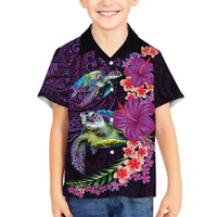 Hawaiian Plumeria and Hibiscus with Turtles Family Matching Off The Shoulder Long Sleeve Dress and Hawaiian Shirt Polynesian Art Purple Color - Polynesian Pride