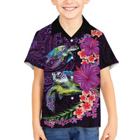 Hawaiian Plumeria and Hibiscus with Turtles Family Matching Off Shoulder Short Dress and Hawaiian Shirt Polynesian Art Purple Color - Polynesian Pride
