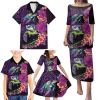 Hawaiian Plumeria and Hibiscus with Turtles Family Matching Puletasi and Hawaiian Shirt Polynesian Art Purple Color - Polynesian Pride
