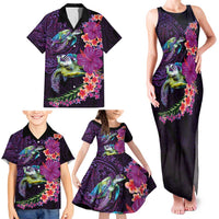 Hawaiian Plumeria and Hibiscus with Turtles Family Matching Tank Maxi Dress and Hawaiian Shirt Polynesian Art Purple Color - Polynesian Pride