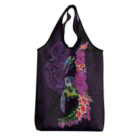 Hawaiian Plumeria and Hibiscus with Turtles Grocery Bag Polynesian Art Purple Color - Polynesian Pride
