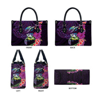 Hawaiian Plumeria and Hibiscus with Turtles Leather Bag Polynesian Art Purple Color - Polynesian Pride