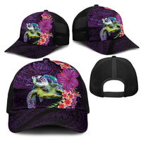 Hawaiian Plumeria and Hibiscus with Turtles Mesh Trucker Cap Polynesian Art Purple Color - Polynesian Pride