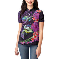 Hawaiian Plumeria and Hibiscus with Turtles Women Polo Shirt Polynesian Art Purple Color - Polynesian Pride