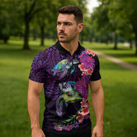 Hawaiian Plumeria and Hibiscus with Turtles Zipper Polo Shirt Polynesian Art Purple Color - Polynesian Pride