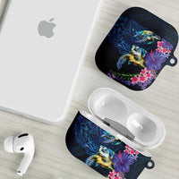 Hawaiian Plumeria and Hibiscus with Turtles AirPods Case Polynesian Art Dark Cyan Color - Polynesian Pride