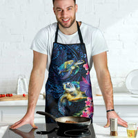 Hawaiian Plumeria and Hibiscus with Turtles Apron Polynesian Art Dark Cyan Color - Polynesian Pride