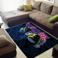 Hawaiian Plumeria and Hibiscus with Turtles Area Rug Polynesian Art Dark Cyan Color - Polynesian Pride