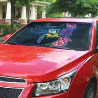 Hawaiian Plumeria and Hibiscus with Turtles Auto Sun Shade Polynesian Art Dark Cyan Color - Polynesian Pride