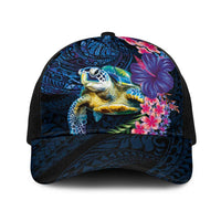 Hawaiian Plumeria and Hibiscus with Turtles Baseball Net Cap Polynesian Art Dark Cyan Color - Polynesian Pride