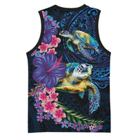 Hawaiian Plumeria and Hibiscus with Turtles Basketball Jersey Polynesian Art Dark Cyan Color - Polynesian Pride