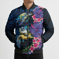 Hawaiian Plumeria and Hibiscus with Turtles Bomber Puffer Jacket Polynesian Art Dark Cyan Color - Polynesian Pride