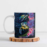 Hawaiian Plumeria and Hibiscus with Turtles Ceramic Mug Polynesian Art Dark Cyan Color - Polynesian Pride
