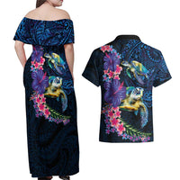 Hawaiian Plumeria and Hibiscus with Turtles Couples Matching Off Shoulder Maxi Dress and Hawaiian Shirt Polynesian Art Dark Cyan Color - Polynesian Pride
