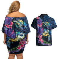 Hawaiian Plumeria and Hibiscus with Turtles Couples Matching Off Shoulder Short Dress and Hawaiian Shirt Polynesian Art Dark Cyan Color - Polynesian Pride