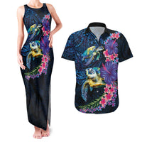 Hawaiian Plumeria and Hibiscus with Turtles Couples Matching Tank Maxi Dress and Hawaiian Shirt Polynesian Art Dark Cyan Color - Polynesian Pride