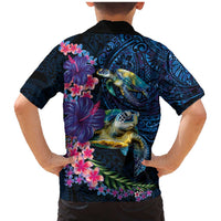 Hawaiian Plumeria and Hibiscus with Turtles Family Matching Mermaid Dress and Hawaiian Shirt Polynesian Art Dark Cyan Color - Polynesian Pride