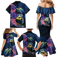 Hawaiian Plumeria and Hibiscus with Turtles Family Matching Mermaid Dress and Hawaiian Shirt Polynesian Art Dark Cyan Color - Polynesian Pride