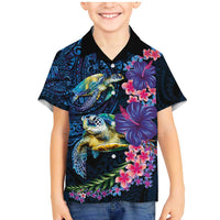 Hawaiian Plumeria and Hibiscus with Turtles Family Matching Mermaid Dress and Hawaiian Shirt Polynesian Art Dark Cyan Color - Polynesian Pride