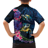 Hawaiian Plumeria and Hibiscus with Turtles Family Matching Off Shoulder Short Dress and Hawaiian Shirt Polynesian Art Dark Cyan Color - Polynesian Pride